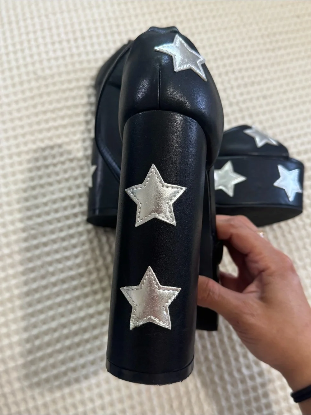 Nasty Gal Black Block Heels with Silver Star Appliqués